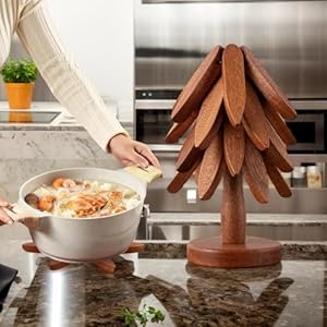 Wooden Trivets for Hot Dishes - Tree Shape Trivet Set with Holder, Decorative Christmas Tree Design, Walnut 4-Ply Tripod Coasters Wooden Trivets for Hot Dishes Tree Shape Trivet Set with Holder Decorative Christmas Tree Design Walnut 4 Ply Tripod Coasters