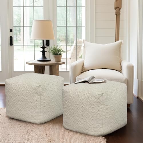 COTTON CRAFT Diamond Dhurrie Pouf - Handwoven Ottoman Foot Stool Bean Bag - Dorm Bedroom Décor Accent Seating - Boho Modern Comfortable Prefilled Cotton Square Pouf Footrest - 16 x 16 inches - Ivory - Image 3