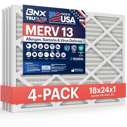 BNX TruFilter 18x24x1 Air Filter MERV 13 (4-Pack) - MADE IN USA - Electrostatic Pleated Air Conditioner HVAC AC Furnace Filters for Allergies, Pollen, Mold, Bacteria, Smoke, Allergen, MPR 1900 FPR 10