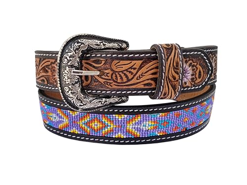 Western Beaded Belts For Young Adults Tooled Leather Heavy Duty Kids Beaded Belt 40IS1082