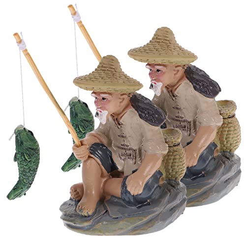 SOLUSTRE 2pcs Fisherman Fishing Ornaments Aquarium Decoration Decorations Shaped Indoor Pond Decor Mini Fisherman Figurine Aquarium Accessories Fish Tank Sand Small Outdoor Resin Brown