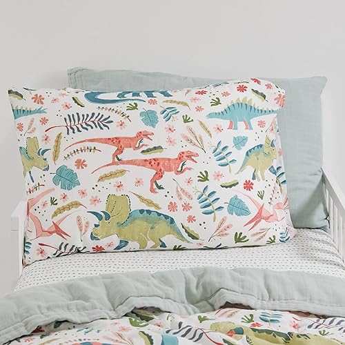Image of Little Unicorn Standard Pillowcase 2 Pack | Super Soft & Breathable Muslin Fabric | Snug Envelope Closure | for Crib and Toddler Bed (Boho Dino)