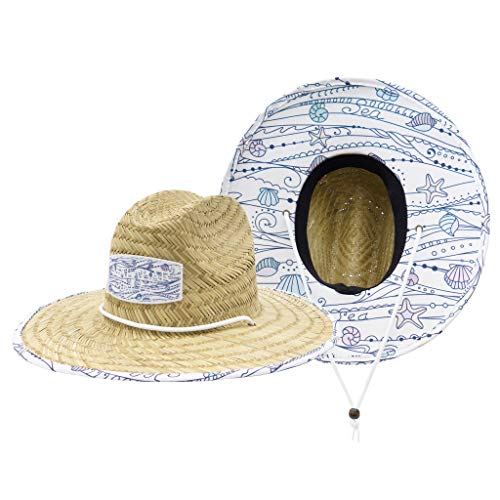 Malabar Straw Sun Hat with Tall Palm Print - Wide Brim Hat for Men & Women - Adjustable Drawstring Chin Cord Sun Hat for Beach, Cruise, Paddle Board, Fishing, Boating, Hiking & Outdoor Protection
