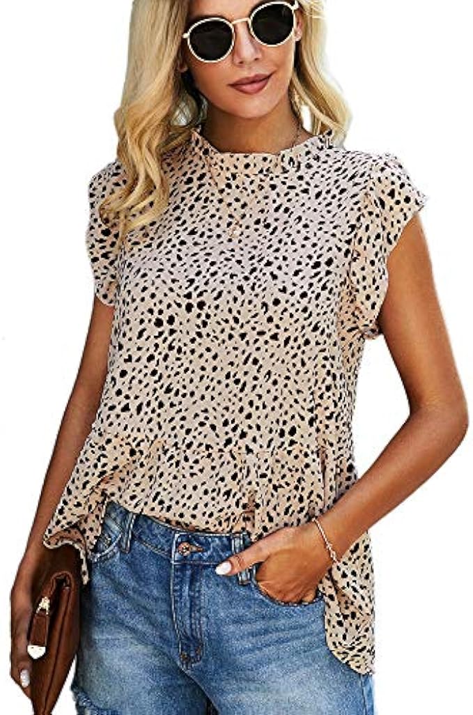 Angashion Women's Tops Casual Floral Print Cap Sleeve Ruffle Neck Loose Babydoll Shirt Blouse Tunic Top