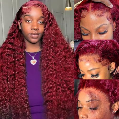 bobili 30 Inch Burgundy Wig Human Hair 99J Curly Human Hair Wig 13x6 Deep Wave Lace Front Wigs Human Hair Red Wine Transparent HD Lace Frontal Wig Pre Plucked Human Hair Wigs For Women