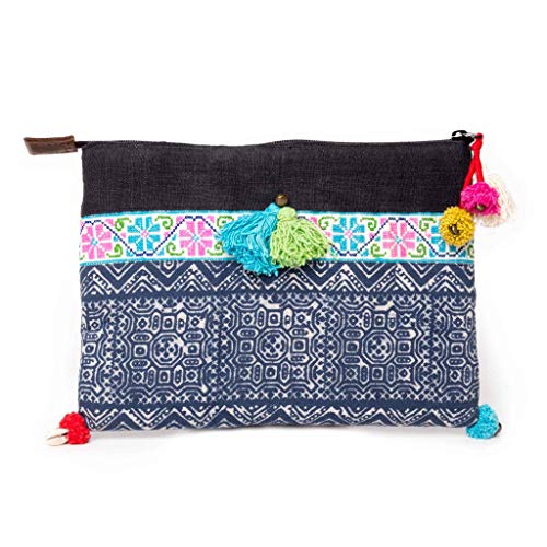 Changnoi Fair Trade Thai Artisan Clutch Bag Ipad Holder with Tribal Hmong Embroidered (Batik Blue)