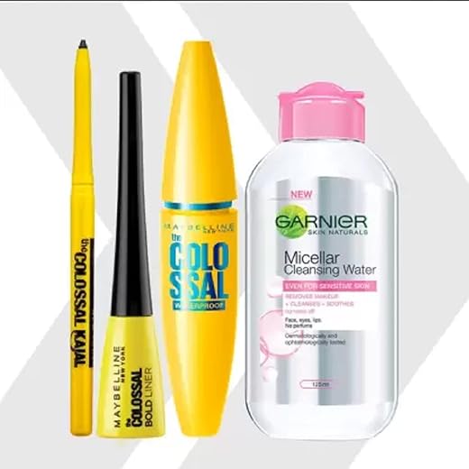 MAYBELLINE NEW YORK Call Me Colossal Kit – Colossal Waterproof Mascara + Colossal Kajal + Colossal Bold Liner with Garnier Micellar Cleansing Water, 125ml (Black, 205 g)