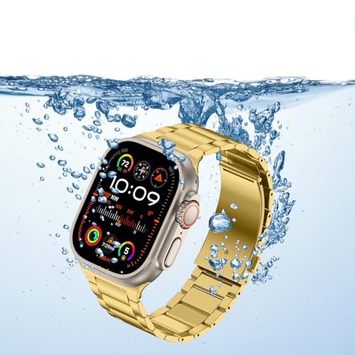 Image of Anlinser Metal Bands Compatible with Apple Watch Band 42mm 41mm 40mm 38mm for Women Men, Stainless Steel Business Strap for iWatch SE Series 11 10 9 8 7 6-1 (Gold)