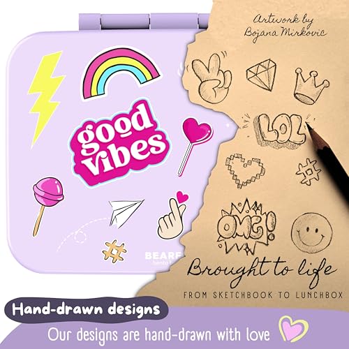 Image of BEARFOOT Kids Lunch Box with Compartments - Compact & Lightweight | Leak-Proof, BPA-Free, Dishwasher Safe | Hand-Drawn Design for Preschool, School, Travel (Sticker Purple, 2.75 Cups)