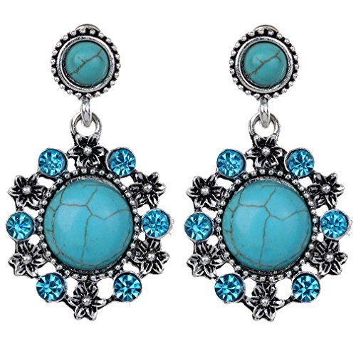 YAZILIND Round r'tro rimous Turchese Argento Tib'tain Fiore Uncinetto Sculpt' Pendenti Cristallo Dangle, M'tal rodi', Turchese