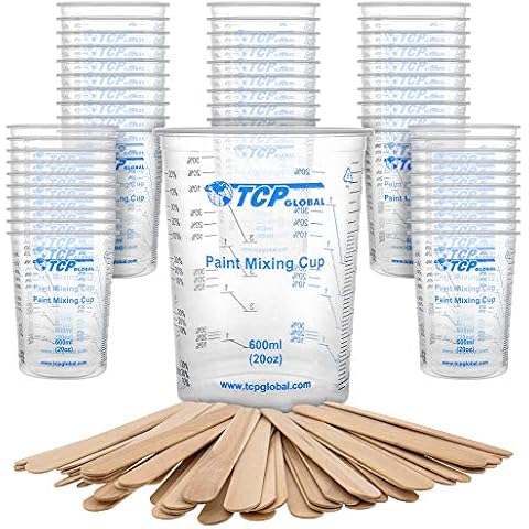 TCP Global 20 Ounce (600ml) Disposable Flexible Clear Graduated Plastic Mixing Cups - Box of 50 Cups & 50 Mixing Sticks - Use for Paint, Resin, Epoxy, Art, Kitchen - Measuring Ratios 2-1, 3-1, 4-1, ML Cover