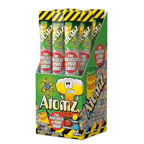 TOXIC WASTE - Atomz - Sour, Tangy, Chewy Candy - 3 Assorted Flavors: Lemon, Strawberry, & Blue Raspberry - 2.12 oz. Tube - 12 Pack