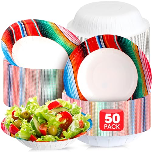 Domensi 50 Pcs 16 oz Mexican Paper Bowls Disposable Fiesta Bowls Fiesta Party Decoration Mexican Cinco De Mayo Snack Cup Soup Serving Cup for Mexica Birthday Party Supplies