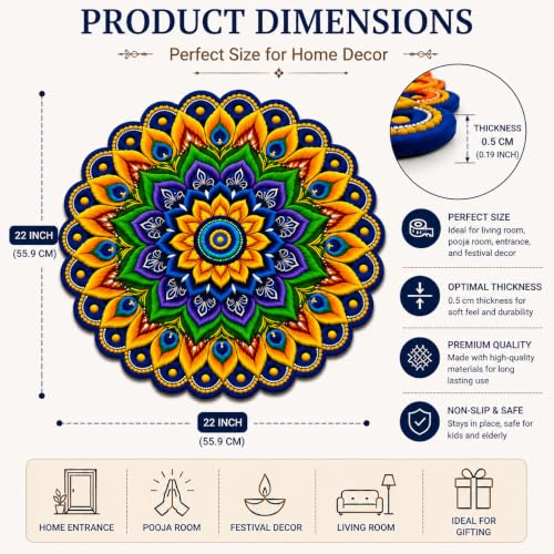 Image of 3D Rangoli | Floral | Mandala Art | Door Mat | Water Absorbent, Anti-Skid, Machine Washable Floor Mat | Soft Microfiber Carpet for Home, Living Room & Bedroom | Premium Mat (Mandala Art 1, Round)