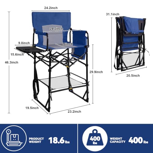 Image of Romswi 2Pcs Extra Tall Portable 30 inch Seat Height Folding Camping Chair Directors Chair High Foldable Bar Stool with Side Table for Makeup Artist, Sports Event, Craft Show, Supports 400LBS,Blue