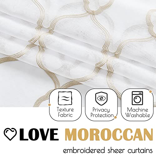Jinchan White Sheer Curtains Moroccan Trellis Embroidered Curtains For Living Room Quatrefoil Pattern Light Filtering Grommet 84 Inches Long 2 Panels Curtains Taupe On White #TOP2