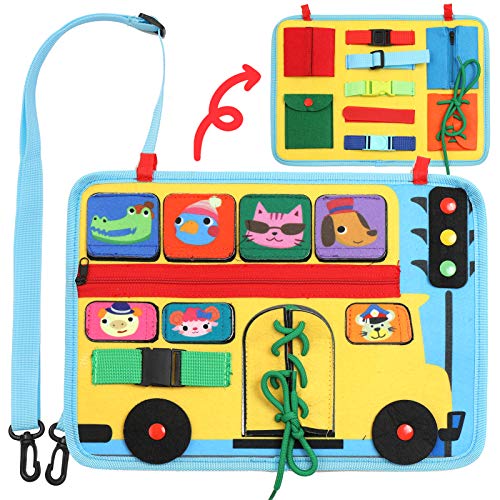 School Bus Busy Board-Montessori Basic Skills Activity Toys for Toddlers 3Years Old and up, Fine Motor Educational Early Toy for Kids, Learn to Dress, Shoe Lace Sensory Board for Airplane, Car Travel