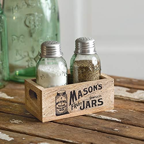 Colonial Tinworks Mason Jar Salt & Pepper Shakers Set with Wood Tray for Rustic Farmhouse Table Decor, Vintage Home Decoration, and Gift