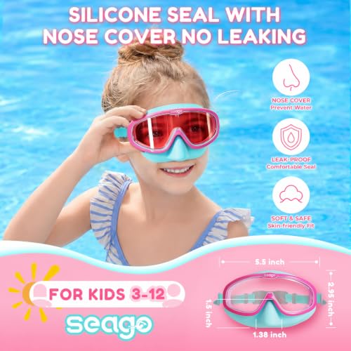 Image of Seago Kids Swim Goggles 2 Pack for 3-12, Anti-Fog Clear View,Toddler Goggles with Nose Cover Swimming Goggles