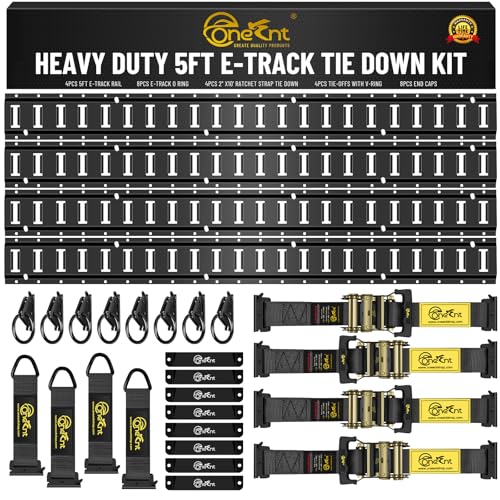 Onesnt E-Track Tie-Down Rail Kit – Heavy-Duty (4) 5ft E-Track Rails, (4) 2' x 10' Ratchet Straps, 4 V-Ring Tie-Offs, 8 O-Ring Anchors & 8 End Caps for Cargo, Trailers, Trucks, Vans & Motorcycles