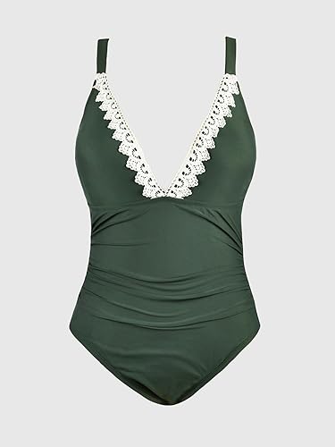 Vista 5 de CUPSHE Traje de baño de una pieza para mujer, con encaje, cuello en V, fruncido frontal, control de abdomen con tirantes anchos ajustables