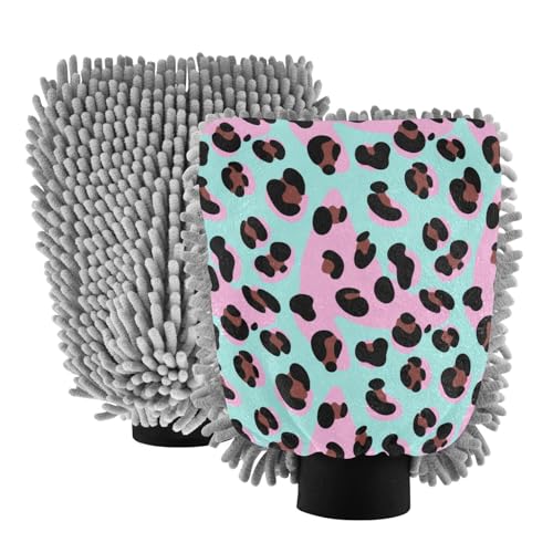 STAYTOP Beautiful Leopard Print Car Wash Mitt Microfiber, 2Pcs Scratch Free Lint-Free, Premium Chenille Microfiber Mitt Car Wash Brush-M