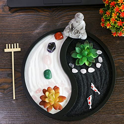 Buddha-Meditation-Zen-Garden-Kit-Home-Office-Tabletop-Taiji-Yin-Yang-Sand-Garden-Altar-Zen-Decor-Zen-Gifts-DIY-Mini-Chakra-Crystal-Quartz-Rock-Garden-wNature-Healing-Stone-Rake-Tool