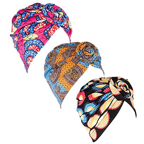 BKpearl 3 Packs Women Turban, African Pattern Knot Sleep Hat Headwrap Beanie Pre-Tied Bonnet Chemo Cap Hair Loss Hat (Style 1)