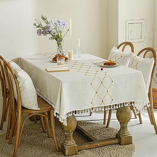 Nappe carrée 140x140cm haute qualité broderie géométrique beige doré chic - 4