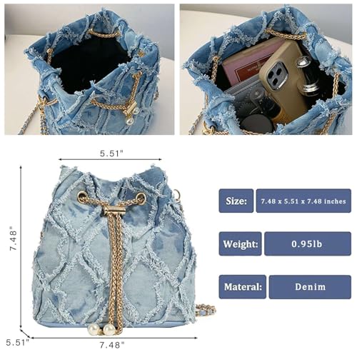 Jean Purses for Women, Distressed Jean Denim Bucket Bags Quilted Crossbody, Small Shoulder Bag Drawstring Handbag2