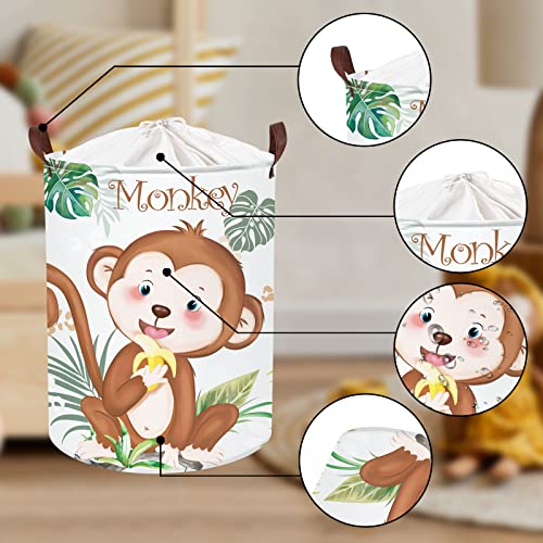 Clastyle 45L Cute Green Palm Leaves Monkey Kids Laundry Hamper Round Toy Clothes Storage Basket For Children Room, 14.2X17.7 In #TOP4