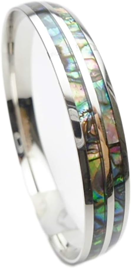 316L Stainless Steel Comfort Fit Natural Abalone Paua Shell Inlay With Stripe Hawaiian Curved Top Bangle Bracelet (Width: 6mm, 8mm, 10mm, 12mm) (Size: 7.5", 8", 8.5")