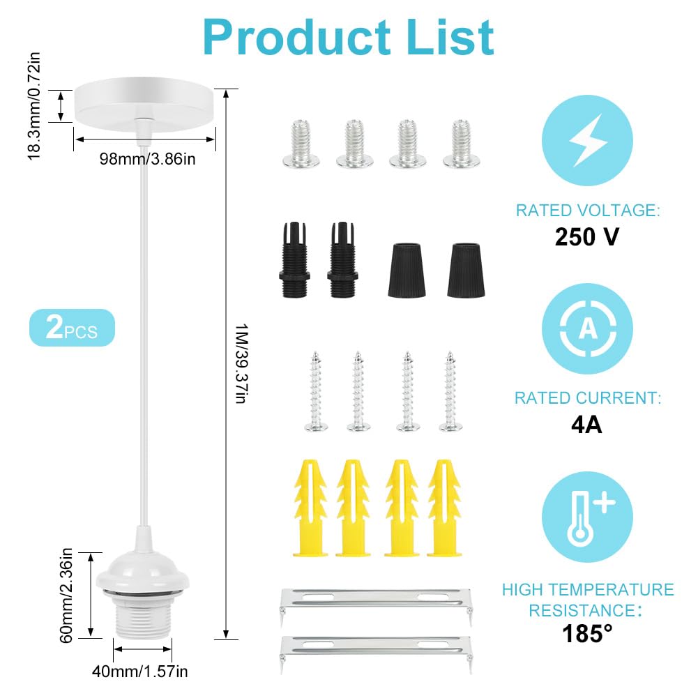 AUAUY 2 Pack White Pendant Light Fitting, E27 Lamp Holder for Ceiling Pendant Light with 90CM Adjustable Cable - Image 2