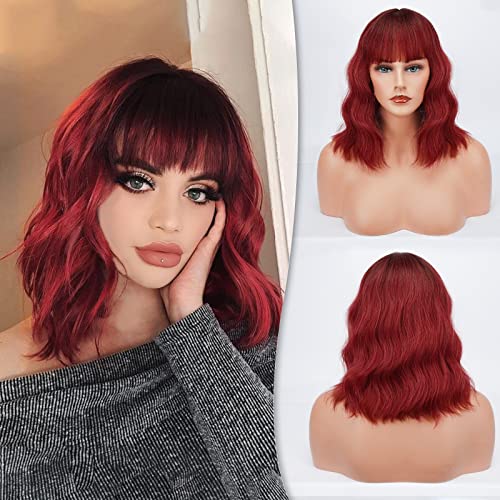 BARSDAR Pastel Wavy Wig Fluffy Lovely Curly Wigs with Bangs 14 Inches Soft Heat Resistant Synthetic Hair Shoulder Length Cosplay Party Wig with Free Wig Cap for Women/Girl- Red