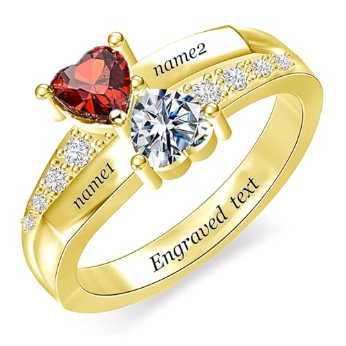 DOVRAN Custom Birthstone Rings for Women 9K/10K/14K/18K Gold Dimond and Crystal Personalized 2 Name Rings for Mothers Day Engagemet Ring 3.5# - 12#