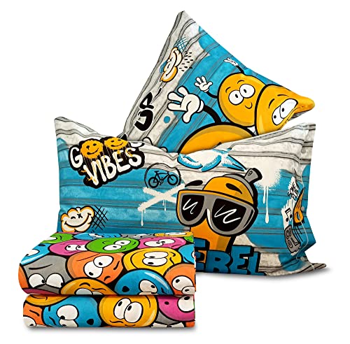 Confezioni Giuliana Parure de lit Smile Smiley Style moderne, 100 % coton, fabriquée en Italie, 1 place
