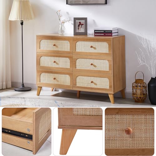 GANLLY Rattan 6 Drawer Dresser for Bedroom, Natural Wood Dresser with Deep Drawers, Wooden Chest of Drawers for Closet with Wide Top, for Living Room, Hallway, Kids Room,Natural - Image 3