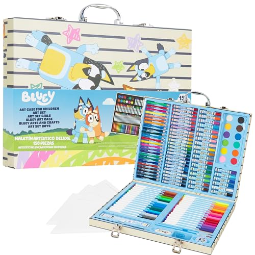 Bluey Maletin Pinturas para Niños, Más de 140 Piezas de Arte para Viaje o Escuela (Estuche Azul)