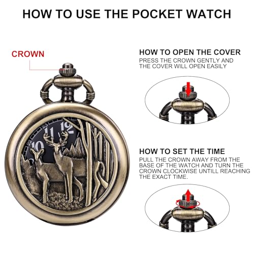 Image of SIBOSUN Pocket Watch with Chain Oversized 50MM 1.96 Inch Deer Reindeer Woodland Men Vintage Box Quartz Pocket Watches Analog