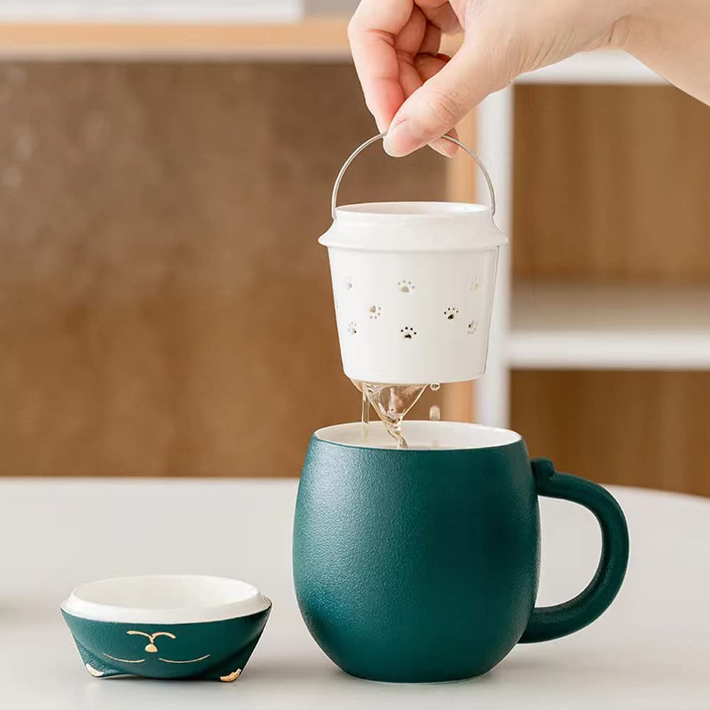 Ceramic Tea Cup With Infuser And Lid For Steeping Loose Leaf, Cute Lucky Cat