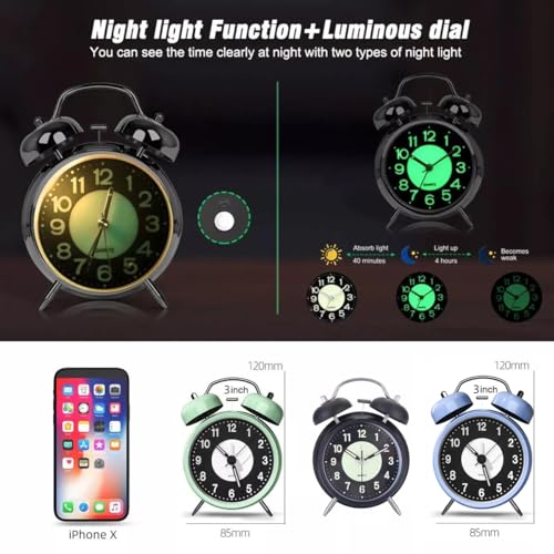 szdealhola Retro Twin Bell Alarm Clock Quartz Non Ticking Silent Luminous Dial Nightlight Analog Desk Clock (Blue)