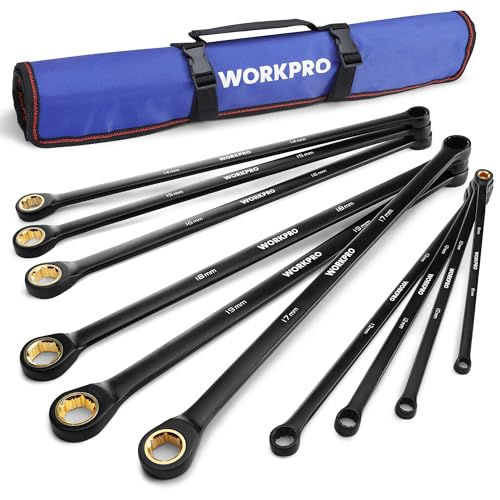 WORKPRO Extra Long Ratcheting Wrench Set, 10-Piece Anti-Slip Double Box Wrenches Set, Metric 8-19 mm, 72-Teeth, Cr-V Steel and Black Electrophoretic Coating Wrenches with Rolling Pouch