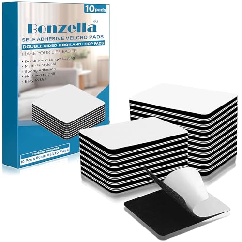 Image of BONZELLA 10 pcs Self Adhesive Hook and Loop Strips Tape 6x6 cm Velcro Tapes, Mosquito net Mounting Tape, Multipurpose Double Sided Hook & Loop Tape for Crafting & Hanging (10, 6cm x 6cm, Black)