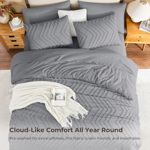 Image of Litanika California King Size Comforter Set with Sheets Medium Gray - 7 Pieces Bed in a Bag Cal King Chevron Tufted Complete Bedding Sets with Comforter, Sheets, Pillowcases & Shams