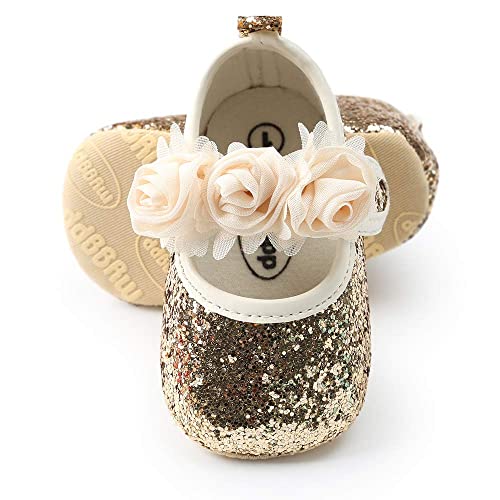 Kidsun Infant Baby Girls Mary Jane Shoes Soft Sole Ballet Slippers Bow Princess Newborn Dress Wedding Flat Shoes (3-6 Months Infant, A/Flower/Sequins Gold, 3_Months) #TOP4