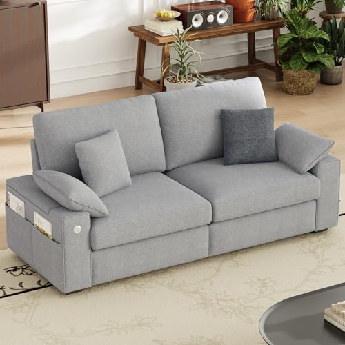 Image of MALOL 89 inch Loveseat Couch, 3 Seater Upholstered Mid-Century Mondern Love Seat with USB Type C Ports, 4 Pillows and Storage Armrest Cloud Foam Sofa for Living Room /Small Spaces, Grey