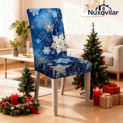 Image of Nuxovilar 4PCS Blue Metallic Snowflake Stretch Chair Covers 23.6x70in