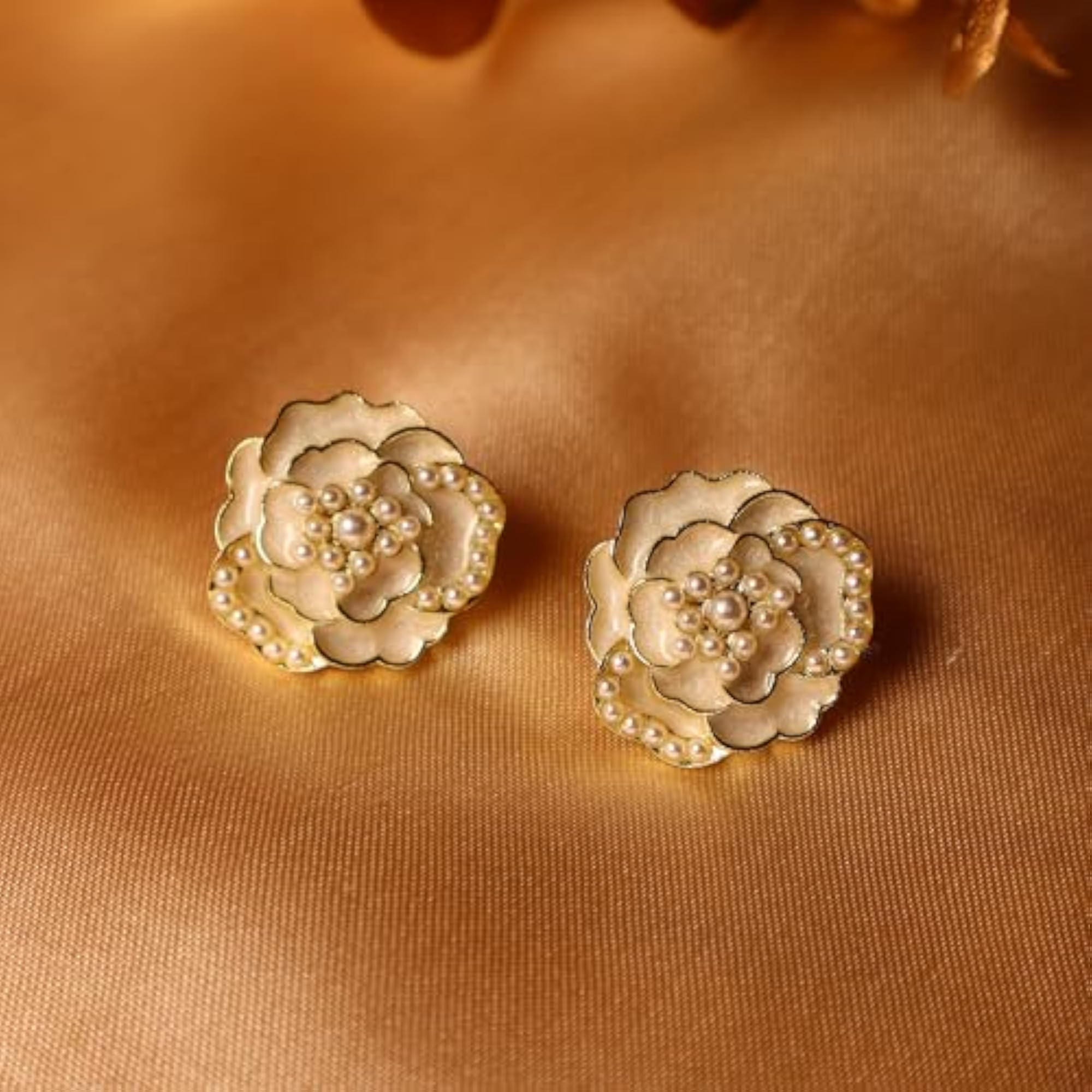 Women's Pearl Kissed White Rose Earrings, Classy