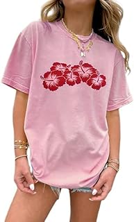 Women Oversized Hawaii Hibiscus T Shirt Y2K Short Sleeve Floral Graphic Tees Teen Girls Summer Aesthetic Baggy Tops