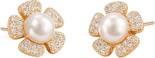 Nilu's Collection Rose Gold Plated Triangular Design Pearl Stud Earrings With American Diamond for Women And Girls | Gift ...